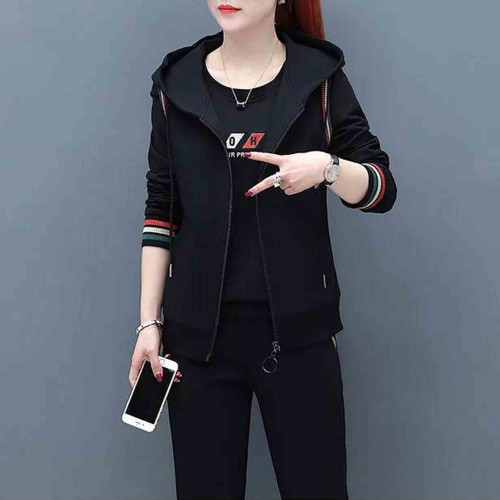 Long Sleeve Casual Three Piece Women Trick Suit Hoodie - Black