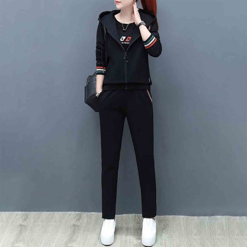 Long Sleeve Casual Three Piece Women Trick Suit Hoodie - Black