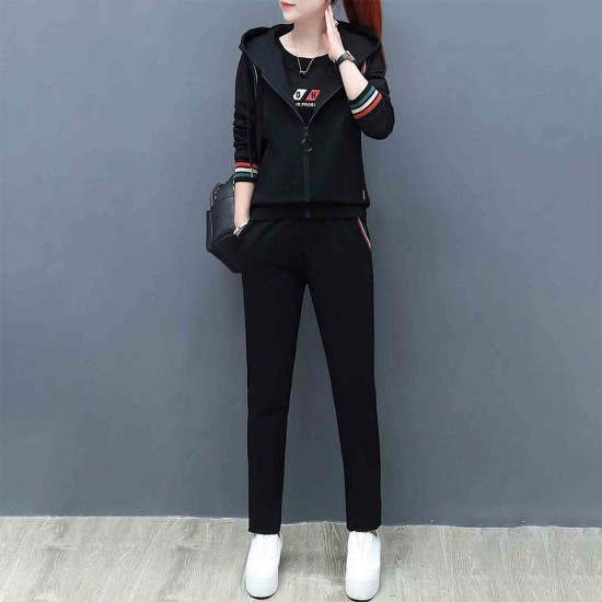 Long Sleeve Casual Three Piece Women Trick Suit Hoodie - Black