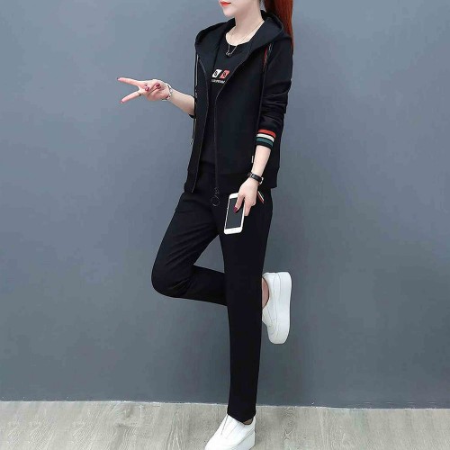 Long Sleeve Casual Three Piece Women Trick Suit Hoodie - Black