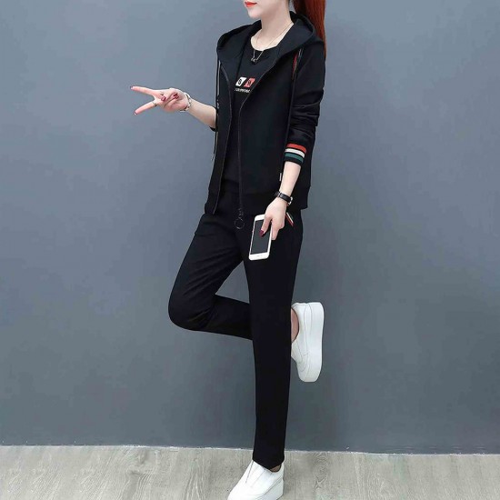 Long Sleeve Casual Three Piece Women Trick Suit Hoodie - Black