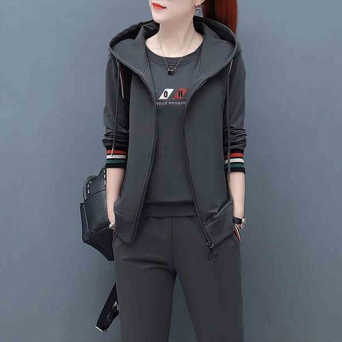 Long Sleeve Casual Three Piece Women Trick Suit Hoodie - Grey |image