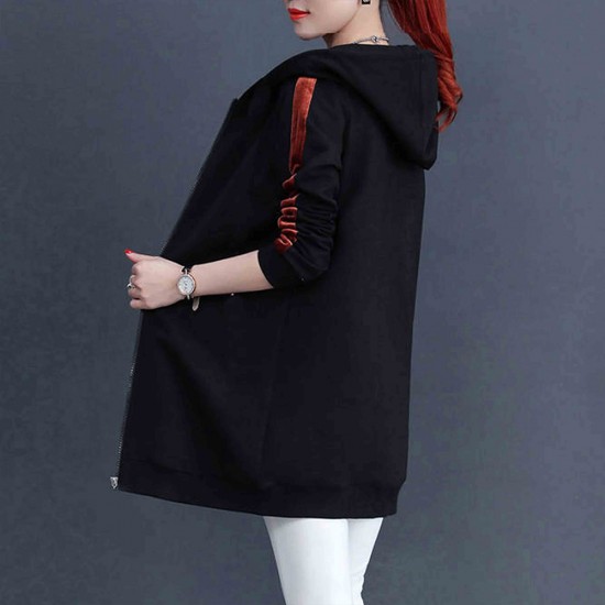 Casual Style Alphabet Printed Zip Up Long Women Hoodie - Black |image