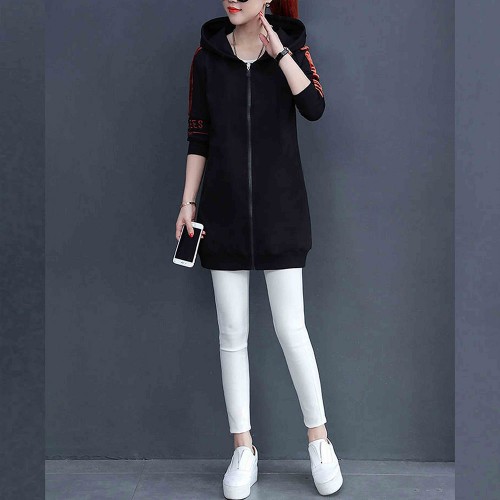 Casual Style Alphabet Printed Zip Up Long Women Hoodie - Black |image