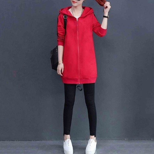 Casual Style Alphabet Printed Zip Up Long Women Hoodie - Red |image