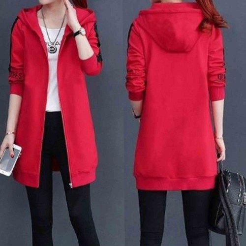 Casual Style Alphabet Printed Zip Up Long Women Hoodie - Red |image