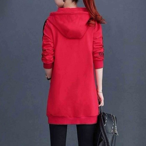 Casual Style Alphabet Printed Zip Up Long Women Hoodie - Red |image