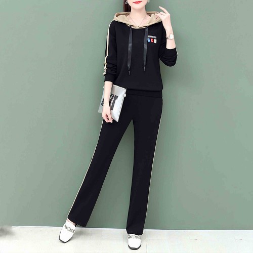 Sports Hooded Two Piece Viscose Drawstring Tracksuit - Black |image