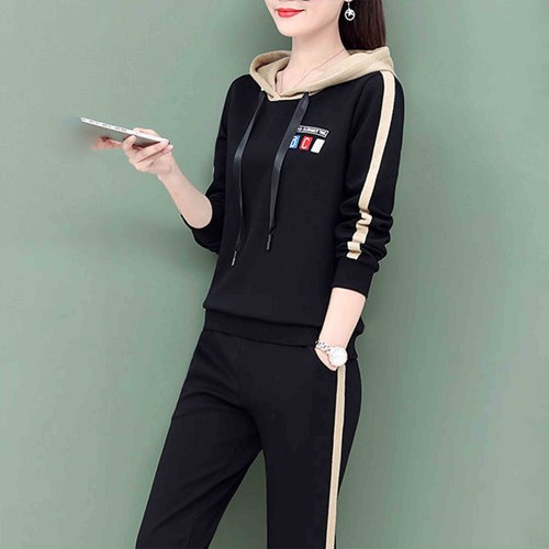 Sports Hooded Two Piece Viscose Drawstring Tracksuit - Black |image