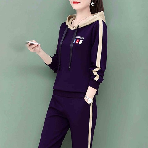 Sports Hooded Two Piece Viscose Drawstring Tracksuit - Blue |image
