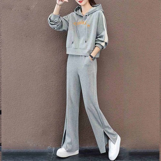 Leisure Style Casual Drawstring Hooded Tracksuit - Grey |image