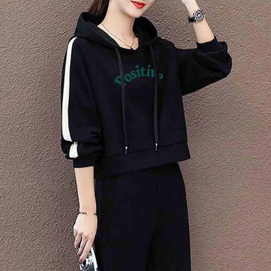 Leisure Style Casual Drawstring Hooded Tracksuit - Black |image