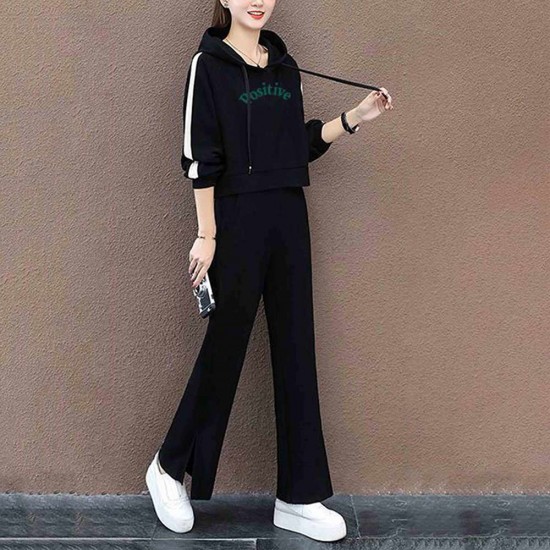 Leisure Style Casual Drawstring Hooded Tracksuit - Black |image