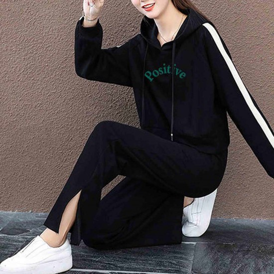 Leisure Style Casual Drawstring Hooded Tracksuit - Black |image
