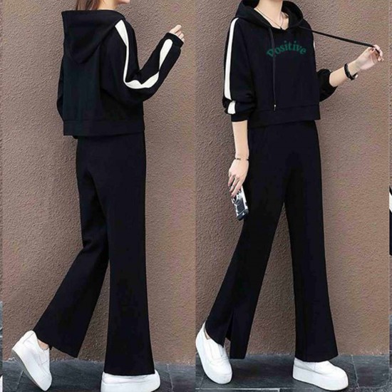 Leisure Style Casual Drawstring Hooded Tracksuit - Black |image