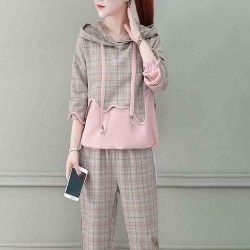 Drawstring plaid pattern Women Hooded Tracksuit - Pink