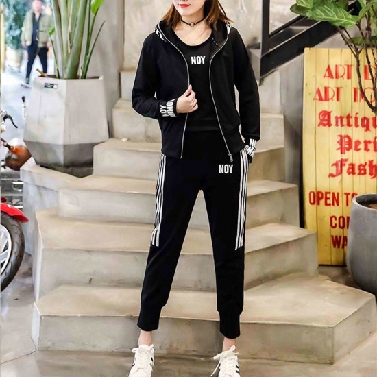 Alphabet Printing Long Sleeve Three Piece Hooded Tracksuit - Black |image