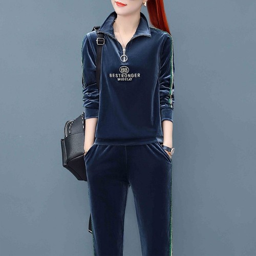 Velvet Zipper Two Piece Sports Alphabet Printing Tracksuit - Blue |image