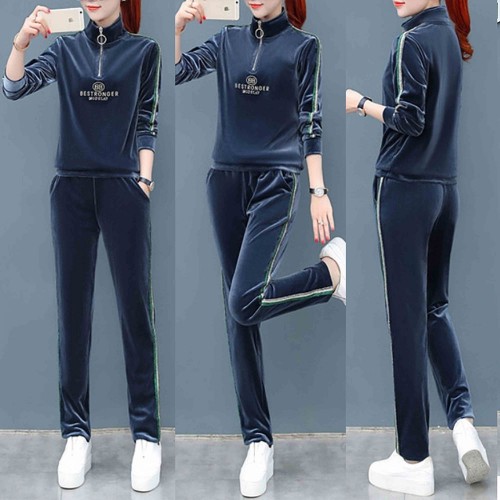 Velvet Zipper Two Piece Sports Alphabet Printing Tracksuit - Blue |image