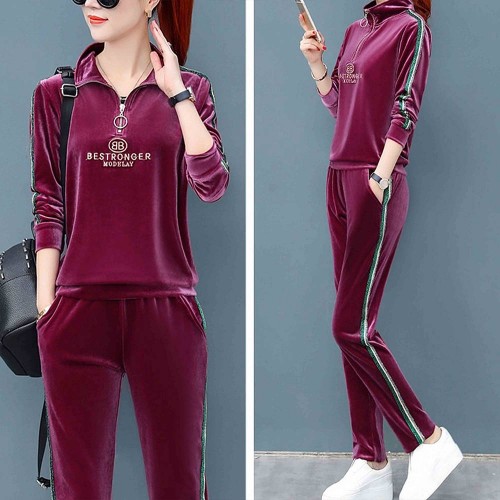 Velvet Zipper Two Piece Sports Alphabet Printing Tracksuit - Red |image