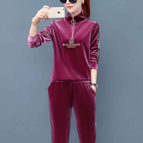 Velvet Zipper Two Piece Sports Alphabet Printing Tracksuit - Red |image