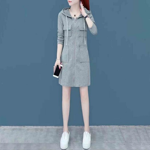 Double Pocket Casual Style Mid Length Drawstring Hoodie - Grey |image