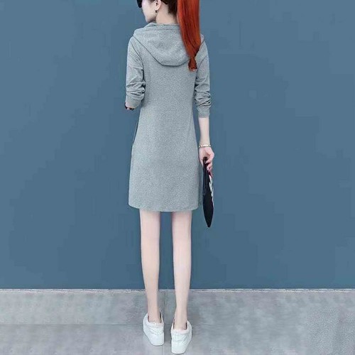 Double Pocket Casual Style Mid Length Drawstring Hoodie - Grey |image