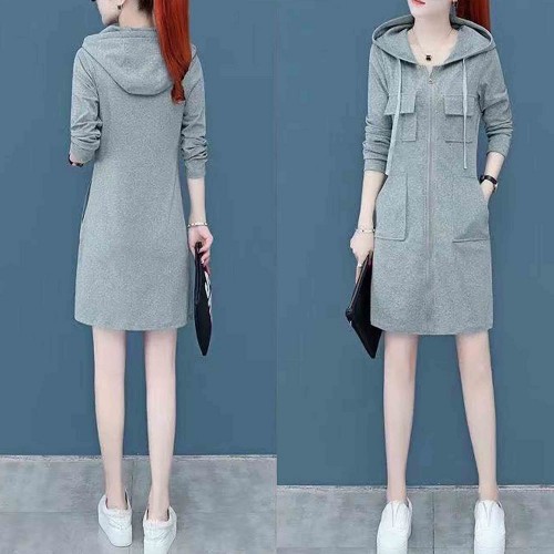 Double Pocket Casual Style Mid Length Drawstring Hoodie - Grey |image