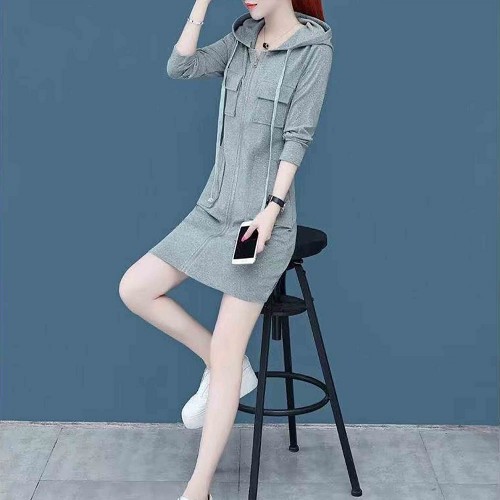 Double Pocket Casual Style Mid Length Drawstring Hoodie - Grey |image