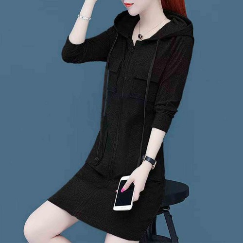 Double Pocket Casual Style Mid Length Drawstring Hoodie - Black |image