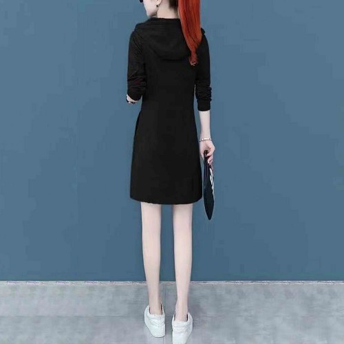 Double Pocket Casual Style Mid Length Drawstring Hoodie - Black |image