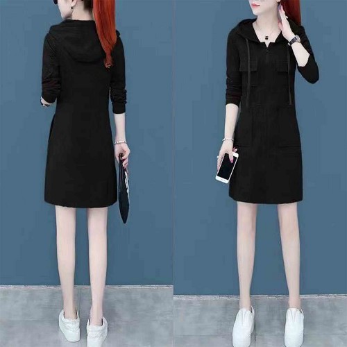 Double Pocket Casual Style Mid Length Drawstring Hoodie - Black |image