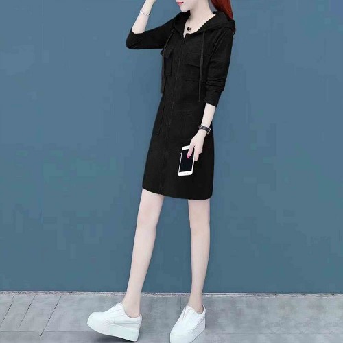 Double Pocket Casual Style Mid Length Drawstring Hoodie - Black |image