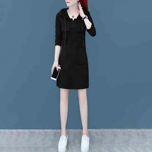 Double Pocket Casual Style Mid Length Drawstring Hoodie - Black |image