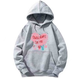 Kangaroo Pocket Heart Printed Drawstring Hoodie - Grey