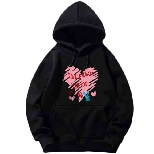 Kangaroo Pocket Heart Printed Drawstring Hoodie - Black |image