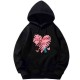 Kangaroo Pocket Heart Printed Drawstring Hoodie - Black