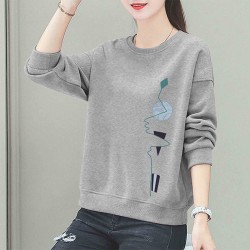 Round Neck Long Sleeve Cotton Fabric Women Sweater - Grey