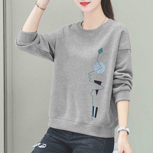Round Neck Long Sleeve Cotton Fabric Women Sweater - Grey |image