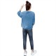 Round Neck Long Sleeve Cotton Fabric Women Sweater - Blue |image
