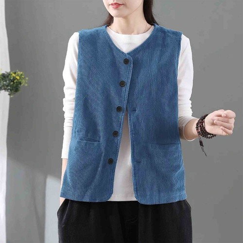 Button Closure Double Pocket Corduroy Shoulder Vest Coat - Blue |image