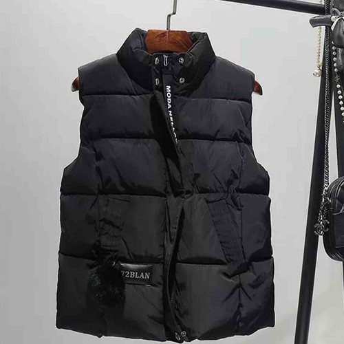 Leisure Style Vest Shoulder Zip & Button Closure Pockets Puffer Jacket - Black |image