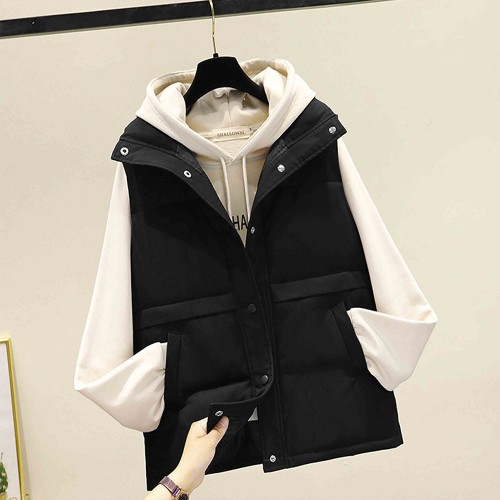 Button Closure Sleeveless Pocket Padded Jacket - Black |image