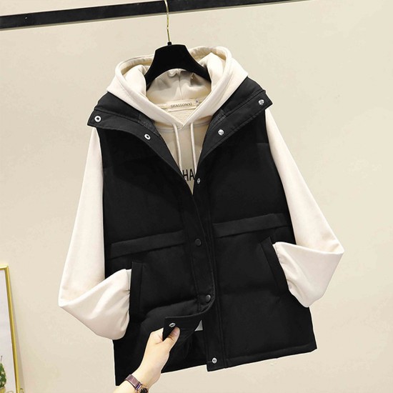 Button Closure Sleeveless Pocket Padded Jacket - Black |image