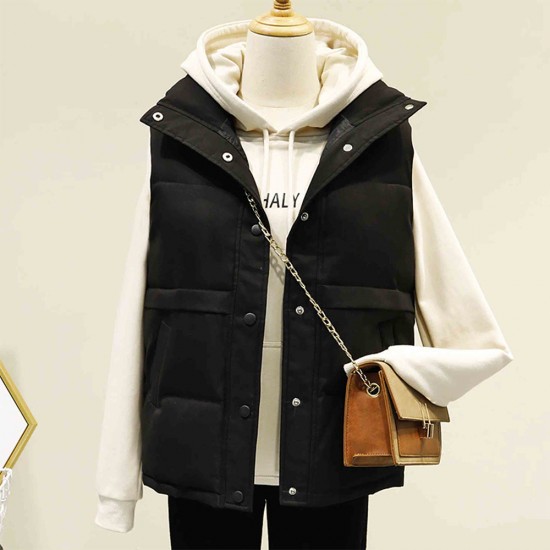 Button Closure Sleeveless Pocket Padded Jacket - Black |image