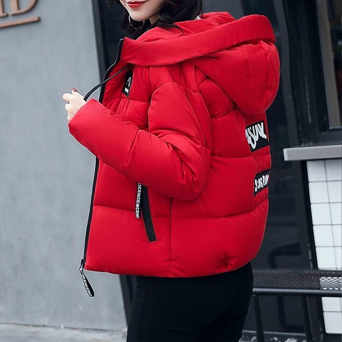 Hooded Collar Zipper Closure Headphone Logo Puffer Jacket - Red |image