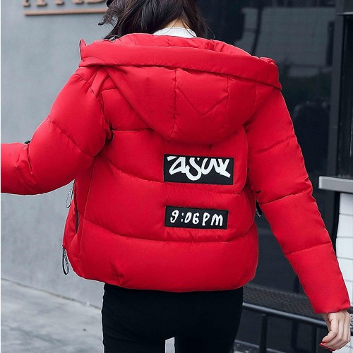 Hooded Collar Zipper Closure Headphone Logo Puffer Jacket - Red |image