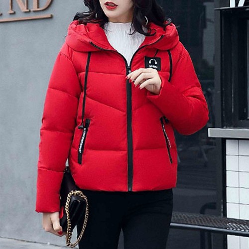 Hooded Collar Zipper Closure Headphone Logo Puffer Jacket - Red |image