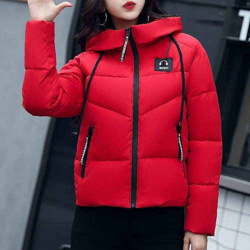 Hooded Collar Zipper Closure Headphone Logo Puffer Jacket - Red |image