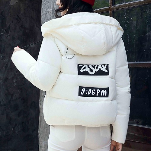 Hooded Collar Zipper Closure Headphone Logo Puffer Jacket - White |image